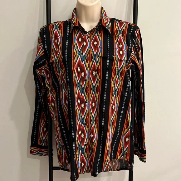 Vintage 80s Wrangler Aztec Snaps Western Cowboy Long Sleeve Shirt Boys Size XL