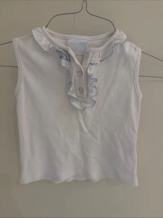 Little English White Sleeveless Ruffle Tank with Light Blue Trim