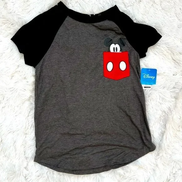 Disney Mickey Mouse Youth Gray Black Pocket T-Shirt Size 7/9 Medium NWT