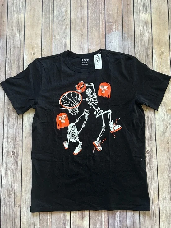 NWT The Children's Place Black Tee with Basketball Skeletons