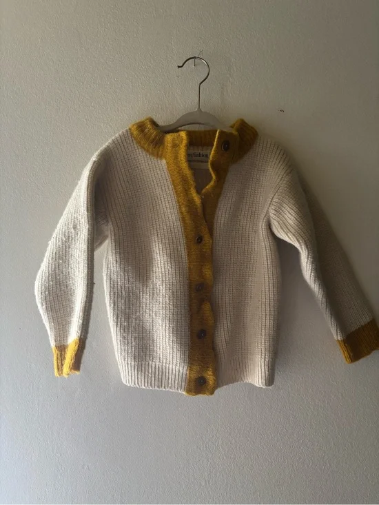 Handmade 100% Wool Cream Knit Cardigan with Mustard Trim