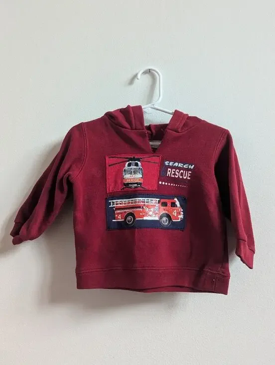 Vtg Boyz by Nannette Hoodie Sweatshirt 18m Red Fire Truck Helicopter