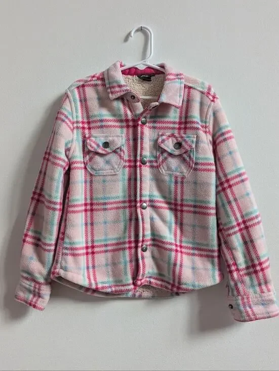 Eddie Bauer Shacket 6/6x Pink Plaid Faux Sherpa