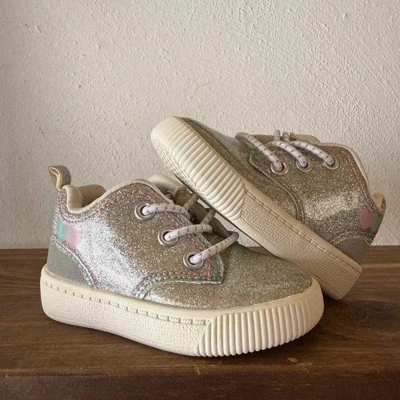 Carter's Glitter Toddler Sneakers Size 4 Silver Hearts Bungee Lace Up Shoes