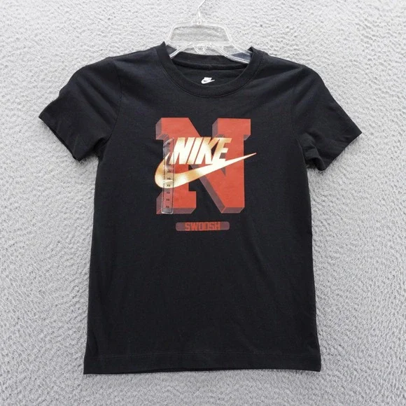 Nike Kids XS Black Graphic Swoosh T-Shirt N Logo‎ Short Sleeve NEW