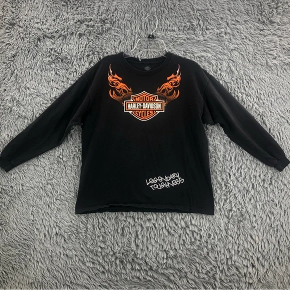 Harley Davidson Tshirt Boys Large Spellout Logo Long Sleeve Black Orange