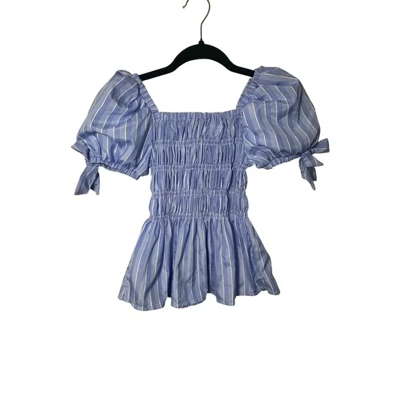 Habitual Girl Blue White Striped Smocked‎ Puff Sleeve with Bows Top Girl Size 14