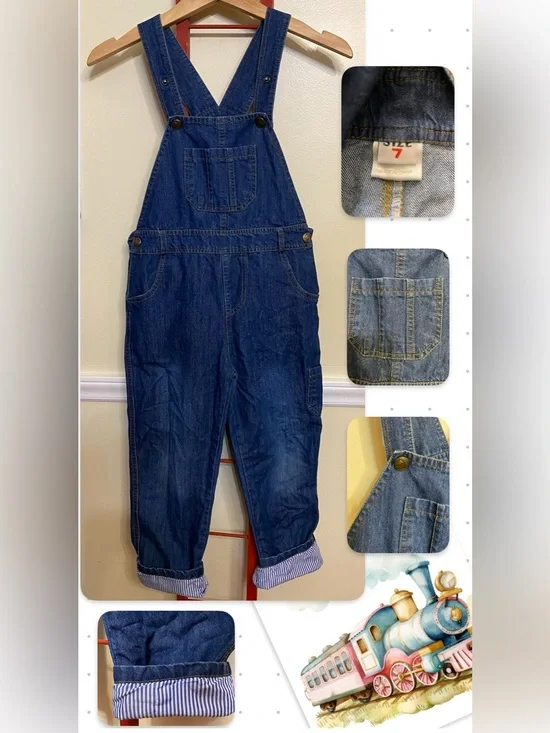Kids Denim Overalls with Cuffed Striped Hem