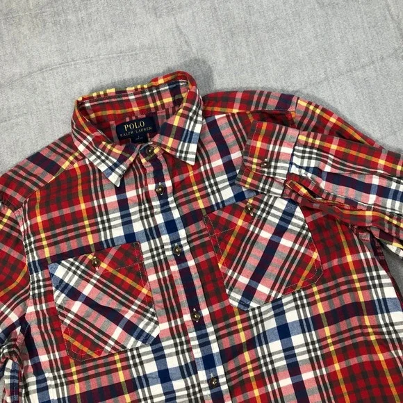 Polo Ralph Lauren Button Up Shirt Boys Large 14-16 Plaid Red Rugged Outdoor