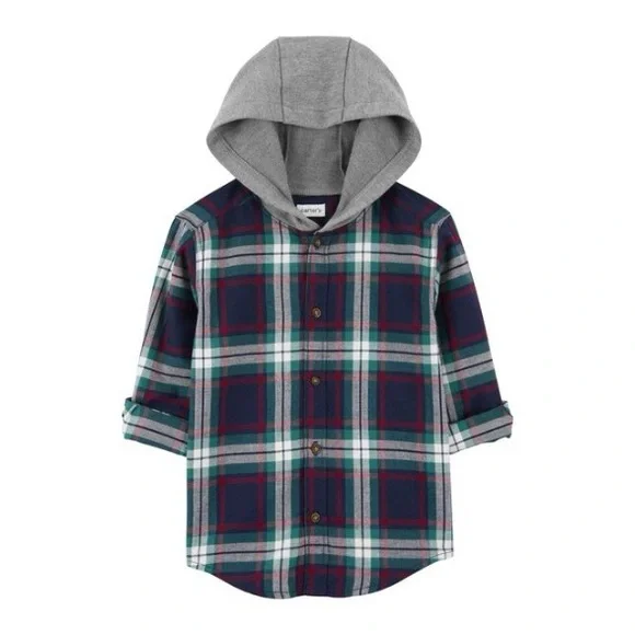Carters Navy Blue & Gray Hooded Flannel Button Down Shirt Boys Size 8