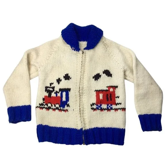 Vintage 60s Hand Knit Child's Cardigan Zipper Full Zip Sweater Train Double Side