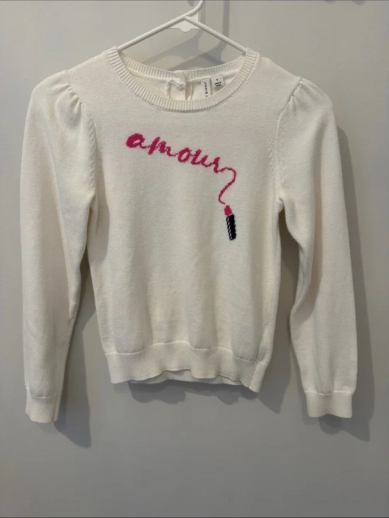 Janie and Jack Ivory  'Amour' Crewneck Sweater with Pink Lipstick Detail