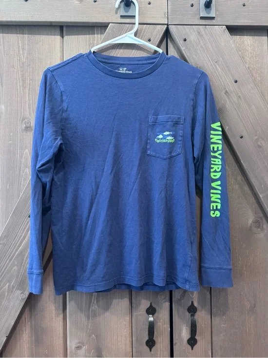 Vineyard Vines Navy Long Sleeve Tee with Neon Green Sleeve Logo