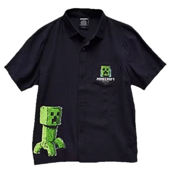 Minecraft Movie Boys Black Button Down Polo Graphic Creeper‎ Size XL (18-20) NWT