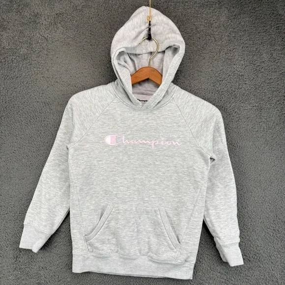 Champion‎ Kids Gray Pink Logo Pullover Hoodie Sweatshirt Size Medium M Raglan