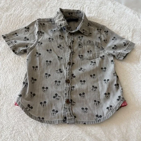 Kids Disney Mickey Mouse Gray Short Sleeve Button Up Shirt Sz 4 classic Mickey