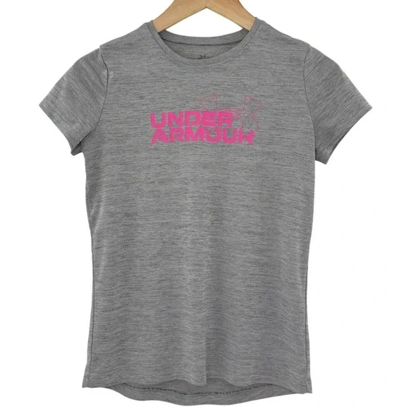 Under Armour Girls Youth Large YL Gray‎ Pink Logo Short Sleeve Athletic T-Shirt