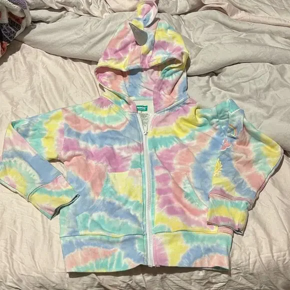 365 kids 7 Colorful Tie-Dye Kids unicorn Hoodie full front zip euc