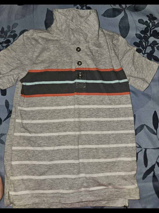 Toddler Boy's Grey Stripe Polo Shirt with Accent Stripes 4T