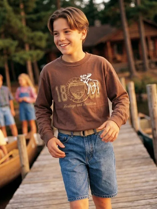 Abercrombie Kids M Long Sleeve Brown Cotton Graphic Moose Shirt Archival Y2K