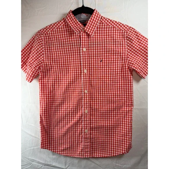 Nautica Boys Red White Gingham Short Sleeve Button‎ Down Shirt Size M 10/12