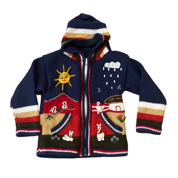 Kids Hand Knit Sweater Zip  Hooded Peruvian Inspired Alpaca Duck Sun Rain Size 4