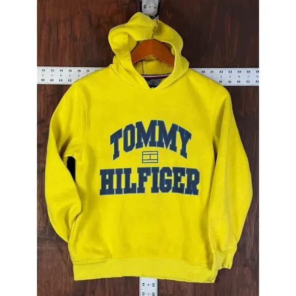 Tommy Hilfiger Tennis Logo Hoodie Fleece Yellow‎ Blue Gray Youth Medium 12/14