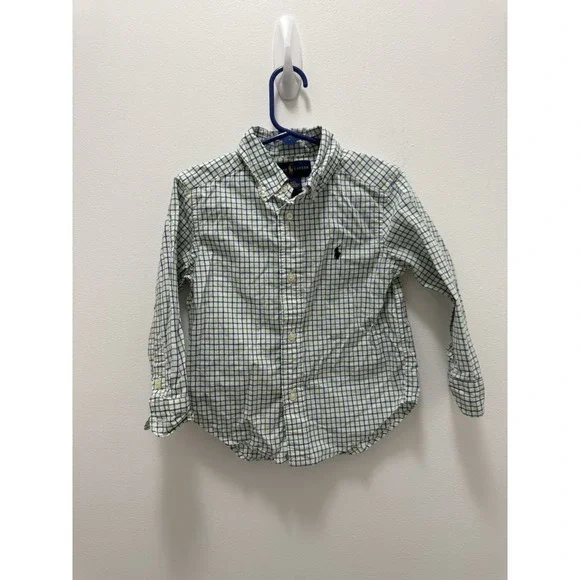 Ralph Lauren Toddler Boys Plaid Button Down Shirt White Blue Green Size 3T