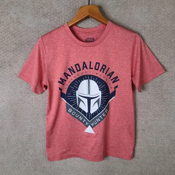 Star Wars Shirt Kids‎ L Red Mandalorian Graphic Tee Polyester Crew Neck Casual