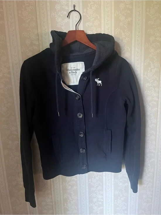 Y2K Abercrombie & Fitch Navy Button-Front Hoodie Jacket - Size Youth Large