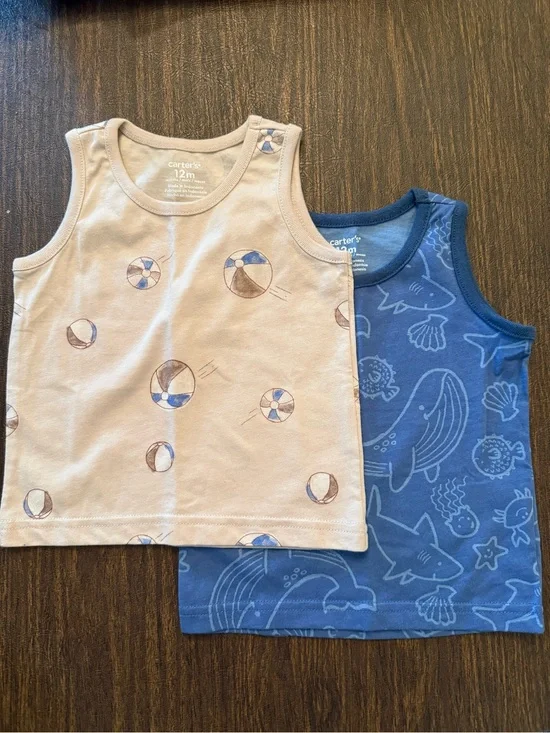 Carter's 2-Pack Tank Tops in Cream & Blue with Beach and Ocean Prints