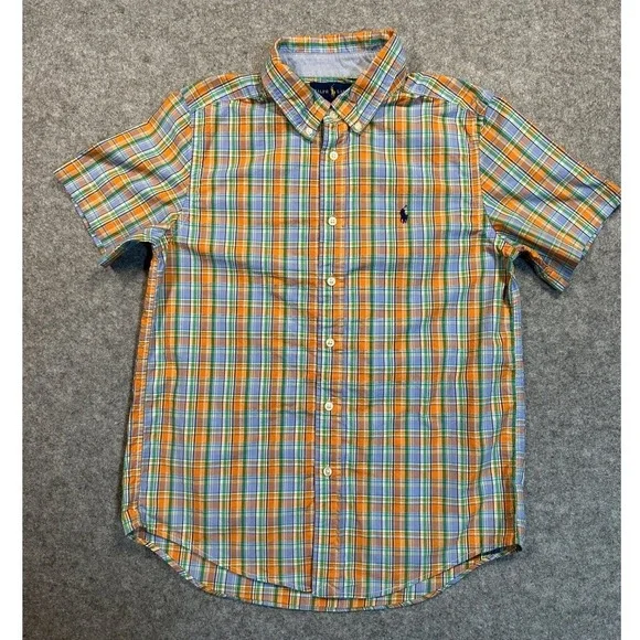 Ralph‎ Lauren Plaid Button Down Shirt Boys L 14-16 Orange Blue Green Cotton Pony