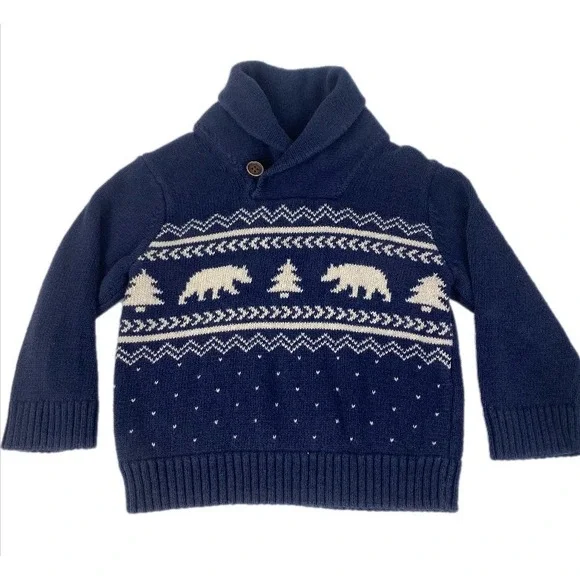 The Children's Place Sweater Boys 12-18M Blue Shawl‎ Collar Polar Bear Fair Isle