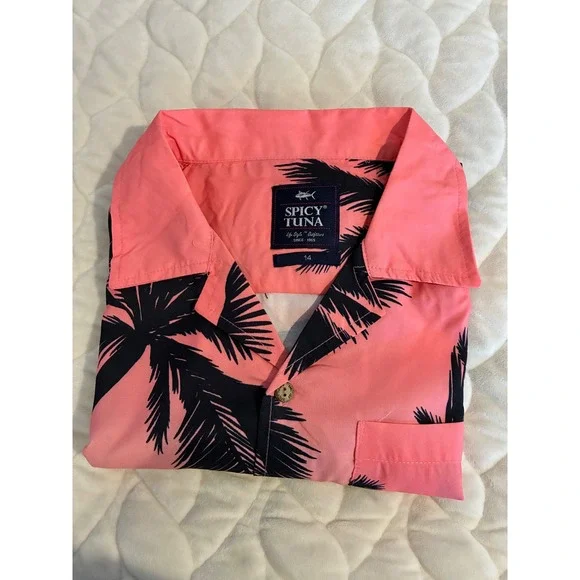 Spicy Tuna Palm Tree Hawaiian Shirt Tropical Resort Wear Pink‎ Black Size 14
