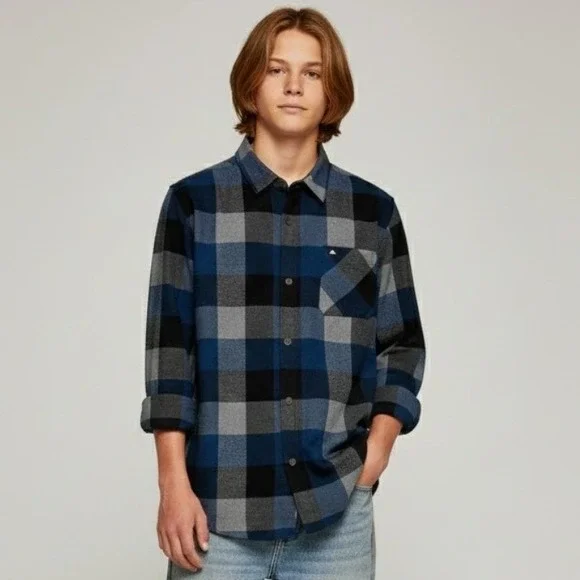 Quiksilver Boys's XL‎ Plaid Flannel Long Sleeve Shirt Blue Black Grey Button Up