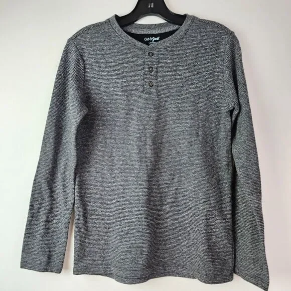 Cat & Jack Boys Size L 12 14 Long Sleeve Henley Shirt Heather Dark Gray Charcoal