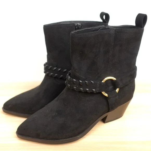 Western Boho Suede Ankle Boots Womens 6 Black Biker Indie Harness DV Dolce Vita