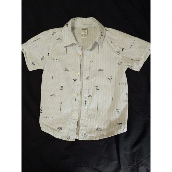 Carters Button Up T-shirt 24M Toddler Boy Blue Cotton Planes Cars Awesome Print