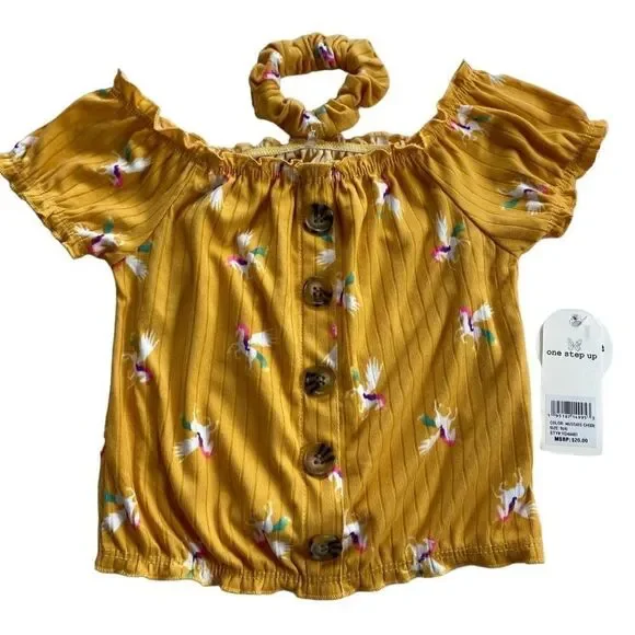 ONE STEP UP Girl’s Small (4) Mustard/Unicorn Top with Matching Scrunchie