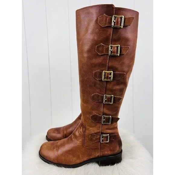 BCBGeneration Kiev Tall Brown Leather Buckled Riding Moto Boots Size 7.5M Punk