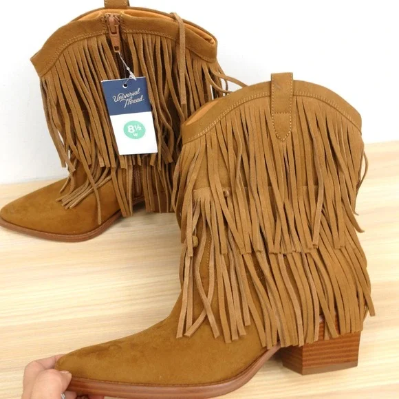 Western Boho Fringe Boots Women 8.5 W Tan Suede Coastal Cowgirl UNIVERSAL THREAD