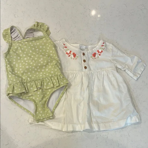 Carters green & white polka dot one piece bath suit with cover up. Size 9M