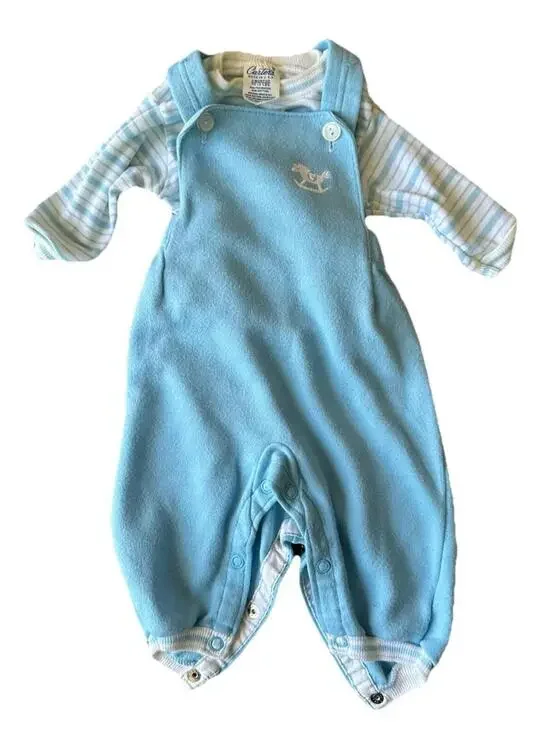 Vintage Carter's Baby Set 3M Blue Overalls Striped Shirt USA