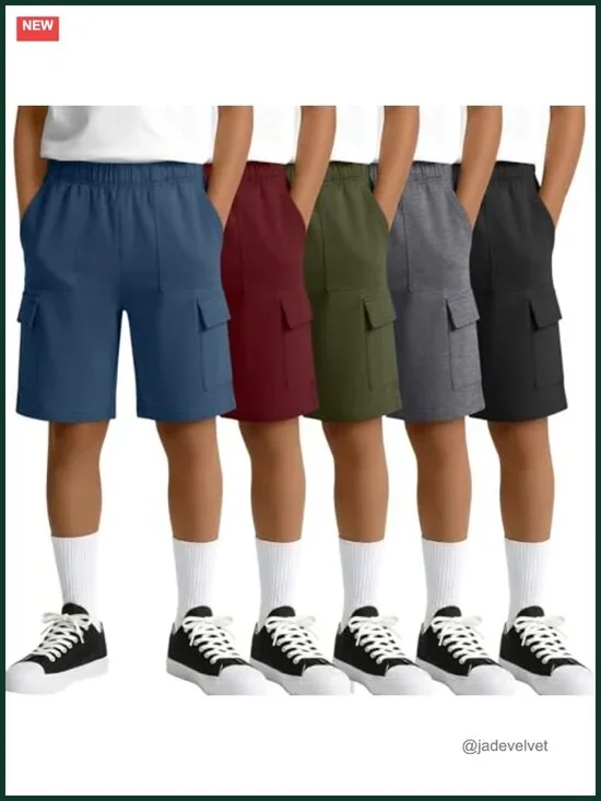 5 Pack Boys Cargo Shorts Elastic Waist Pull On Athletic Sweat Shorts with