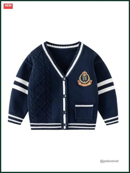 Kids Patterned V-Neck Cardigan Sweater Long Sleeve Soft Cotton Knit Button Up