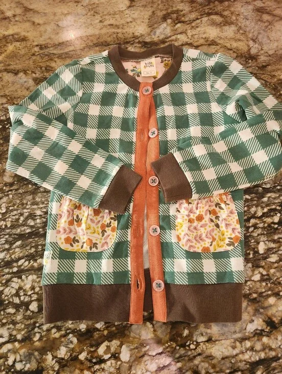 Wildflowers Green and White Check Cardigan with Floral Pockets