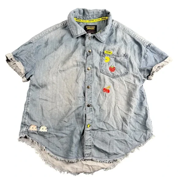 Justice Pac-Man Chambray Button Down Shirt Girls‎ L 10/12 Retro Embroidered 498