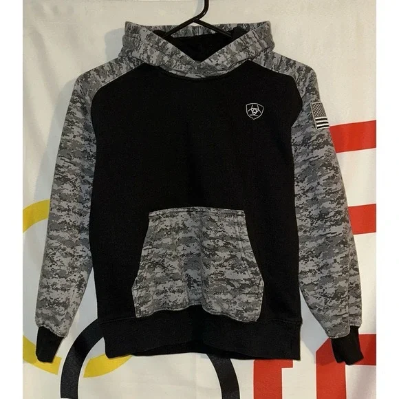 Ariat Hoodie Boys Medium Black Digital Camo USA American Flag‎ Youth