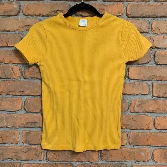 Zara Top Girl's Size 11-12 Yellow Ribbed T-Shirt Short Sleeve‎ Basic Cotton Tee