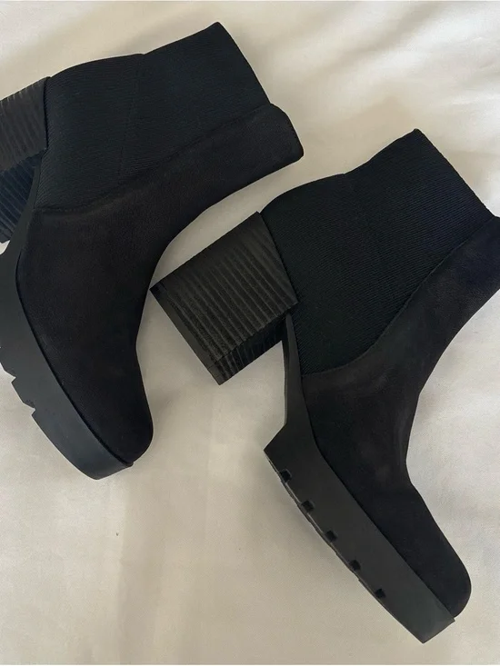 Eileen Fisher Black Stretch Suede Ankle Booties with Block Heel and Lug Sole